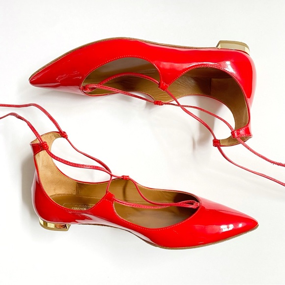 AQUAZZURA CHRISTY RED PATENT LEATHER ANKLE LACE UP POINTY TOE BALLET FLATS - Picture 5 of 13